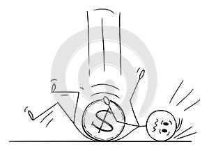 Vector Cartoon Illustration of Dollar Coin Falling Down on Man or Businessman