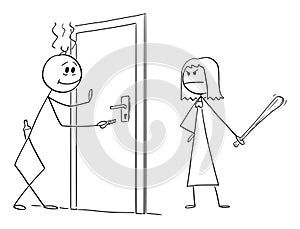 Vector Cartoon Illustration of Drunk Man Returning Home. Angry Wife is Waiting for Him. Concept of Alcoholism.