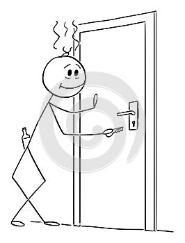 Vector Cartoon Illustration of Drunk Man Returning Home. Concept of Alcoholism.