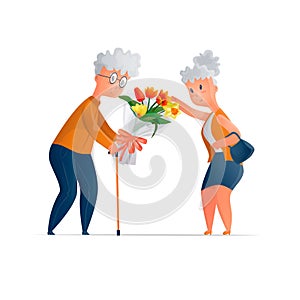 Vector cartoon illustration with an elderly couple