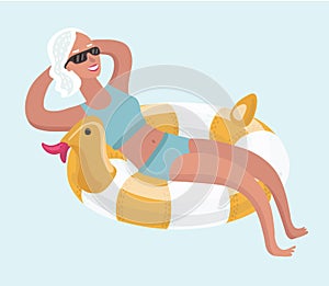 Vector cartoon illustration of elderly woman relaxing take sunbath