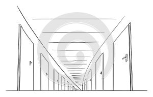 Vector Cartoon Illustration of Endless Corridor with Door