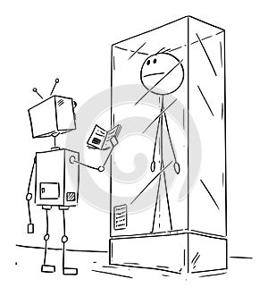 Vector Cartoon Illustration of Extinct Man or Male Human Being Exhibited in Museum, Robot Visitor is Watching Him