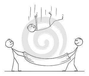 Vector Cartoon Illustration of Falling Man or Businessman and Two Men Holding Safety Net to Save Him. Insurance or
