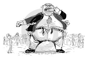 Vector Cartoon Illustration of Fat Rich Man, Businessman or Capitalist Eating the Food of Small Poor People Around. photo