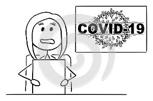 Vector Cartoon Illustration of Female Newscaster or Newsreader in Television Studio Talking About Coronavirus COVID-19 photo