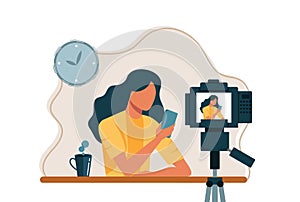Vector cartoon illustration of female presenter at home make live video. Podcaster and broadcaster concept.