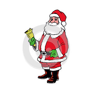 Vector cartoon illustration of friendly smiling Santa Claus ringing a bell, sack with gifts on back, snow falling in the