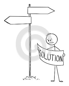 Vector Cartoon Illustration of Frustrated Man or Businessman on Crossroad Looking for Problem Solution in Map