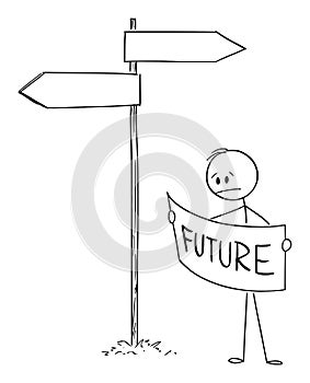 Vector Cartoon Illustration of Frustrated Man or Businessman on Crossroad Looking for Way Forward to Future in Map