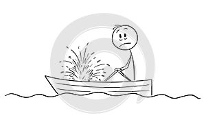 Vector Cartoon Illustration of Frustrated Man or Businessman Sitting in Rowing Boat and Watching Water Squirting Inside