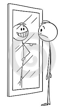 Vector Cartoon Illustration of Frustrated Man With Low Confidence or Self Esteem Looking at Mirror, His Reflection Is