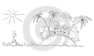 Vector Cartoon Illustration of Frustrated Man Sitting on Small Empty Deserted Island Surrounded by Sharks Watching Dream