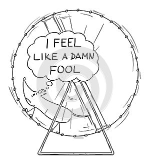 Vector Cartoon Illustration of Frustrated Mouse Running in Wheel with I Feel Like a Damn Fool Speech Bubble