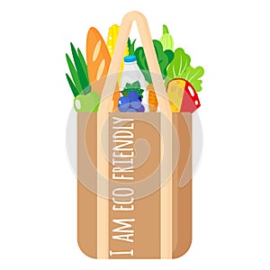 Vector cartoon illustration of full fabric grocery bag with healthy organic food isolated on white background