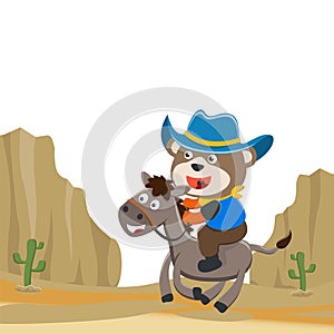 Vector cartoon illustration of funny bear the cowboy riding a brown horse in the desert, T-Shirt Design for children. Creative