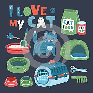 Cat food, thing and toys. photo