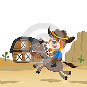 Vector cartoon illustration of funny tiger the cowboy riding a brown horse in the desert, T-Shirt Design for children. Creative