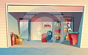 Vector cartoon illustration of garage interior