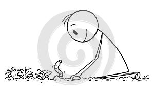 Vector Cartoon Illustration of Gardener or Farmer Looking at Earthwork or Dew Worm on Field or Garden Bed