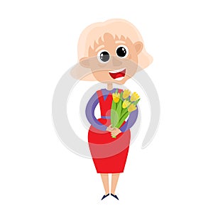 Vector cartoon illustration of grandmother with flower isolated on white.