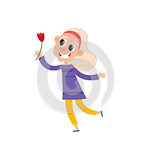 Vector cartoon illustration of grandmother with flower isolated on white.