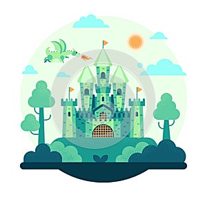 Vector cartoon illustration of a green dragon flies over the castle