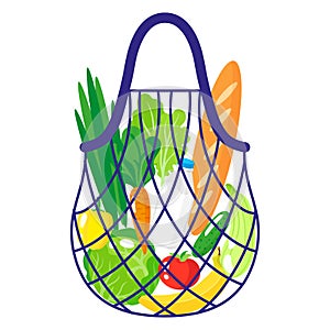 Vector cartoon illustration of grocery string or turtle mesh bag with healthy organic food isolated on white background