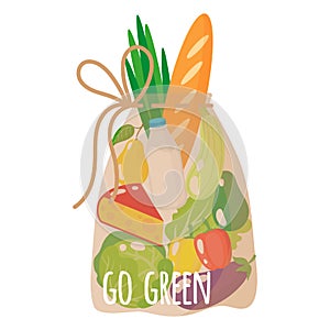 Vector cartoon illustration of grocery transparent eco bag with healthy organic food isolated on white background