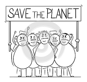 Vector Cartoon Illustration of Group of Angry Overweight or Fat Men or People on Demonstration With Save the Planet Sign