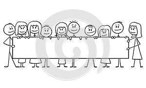 Vector Cartoon Illustration of Group of Children or Kids, Boys and Girls holding Big Empty Horizontal Sign