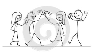 Vector Cartoon Illustration of Group or Crowd of People Walking with Mobile Phones and Taking Selfie