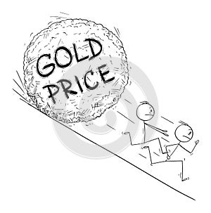 Vector Cartoon Illustration of Group of Investors or Businessmen Running Away From Gold Price Boulder Rolling Down the