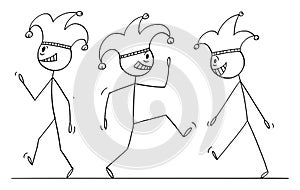 Vector Cartoon Illustration of Group of Men, People, Madmen, Jesters or Fools Walking in Cap and Bells Fool's Cap. photo