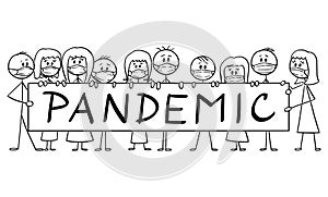 Vector Cartoon Illustration of Group of People Wearing Face Masks Holding Big Coronavirus Pandemic Sign. Epidemic or