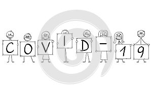 Vector Cartoon Illustration of Group of People Wearing Face Masks Holding Coronavirus Covid-19 Signs. Epidemic or