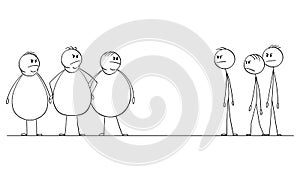 Vector Cartoon Illustration of Group of Thin Men Looking at Crowd of Angry Fat or Obese People