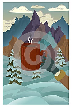 Vector cartoon illustration with hand holding coffee cup against winter mountains