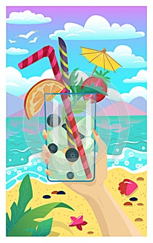 Vector cartoon illustration with a hand of woman holding glass of fruit cocktail drink