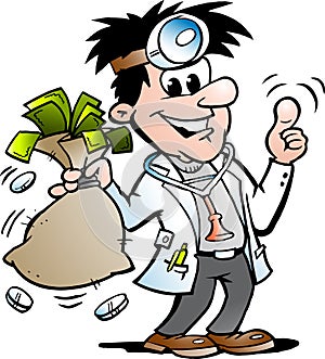 Vector Cartoon illustration of a Happy Doctor holding a Moneybag photo