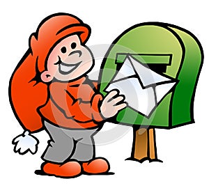 Vector Cartoon illustration of an happy Elf posting a Letter