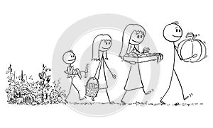 Vector Cartoon Illustration of Happy Family of Mother, Father, Boy and Girl Carrying Crop from Vegetable Farm or Garden