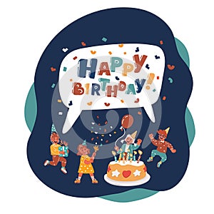 Vector cartoon illustration of Happy group of children having fun at birthday party