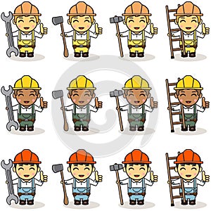 Vector Cartoon illustration of an happy Handyman with Big tools and Thump up pose.