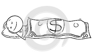 Vector Cartoon Illustration of Happy Man or Businessman Sleeping Under Dollar Currency Bill or Banknote as Blanket