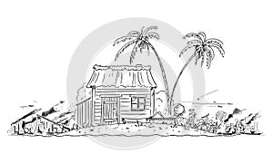 Vector Cartoon Illustration of Happy Man Enjoying Living Alone Isolated on Small Tropical Island While Civilization Is