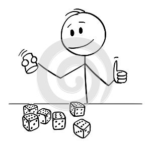 Vector Cartoon Illustration of Happy Man or Player Rolling Dices with All Dices Showing Six Dots