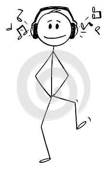 Vector Cartoon Illustration of Happy Man Walking With Big Headphones Listening Music