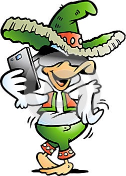 Vector Cartoon illustration of a Happy Mexican Duck talking in Smartphone