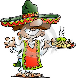 Vector Cartoon illustration of a Happy Mexican standing with some Tarco Food